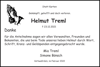 Traueranzeige von Helmut Treml von Zeitung am Sonntag