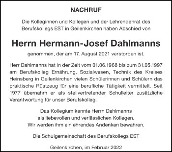 Traueranzeige von Hermann-Josef Dahlmanns von Zeitung am Sonntag