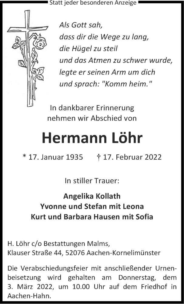  Traueranzeige für Hermann Löhr vom 27.02.2022 aus Zeitung am Sonntag