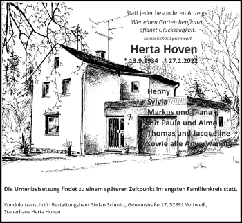 Traueranzeige von Herta Hoven von Zeitung am Sonntag