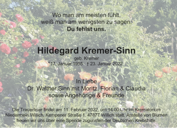 Traueranzeige von Hildegard Kremer-Sinn von Aachener Zeitung / Aachener Nachrichten