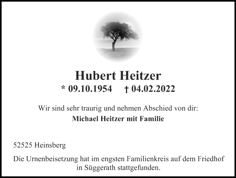  Traueranzeige für Hubert Heitzer vom 27.02.2022 aus Zeitung am Sonntag