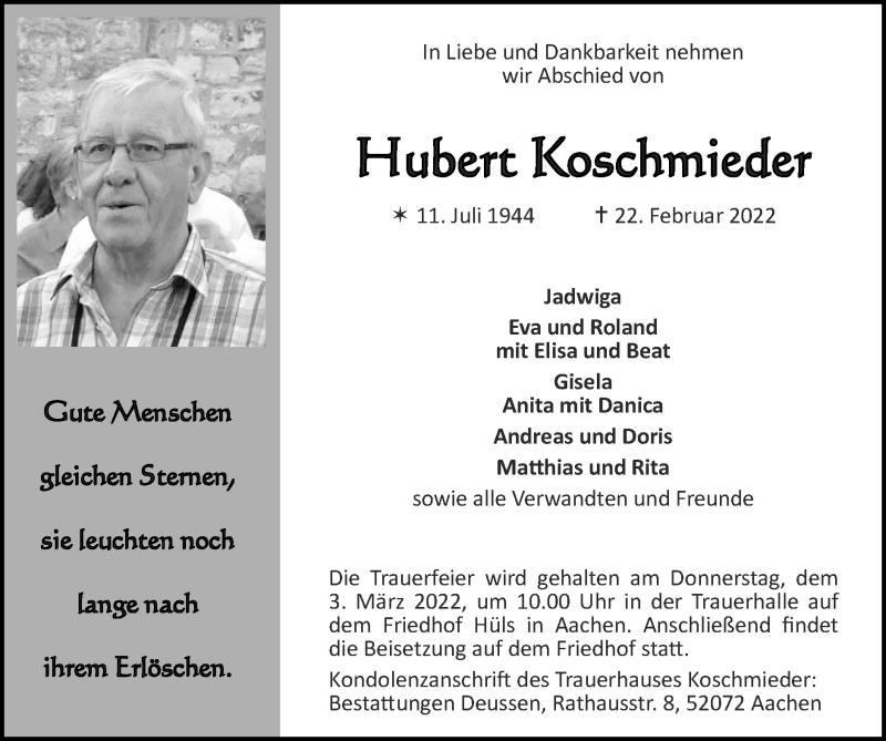  Traueranzeige für Hubert Koschmieder vom 27.02.2022 aus Zeitung am Sonntag