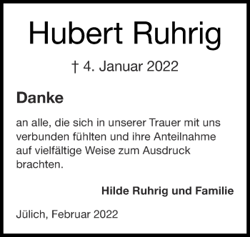 Traueranzeige von Hubert Ruhrig von Zeitung am Sonntag