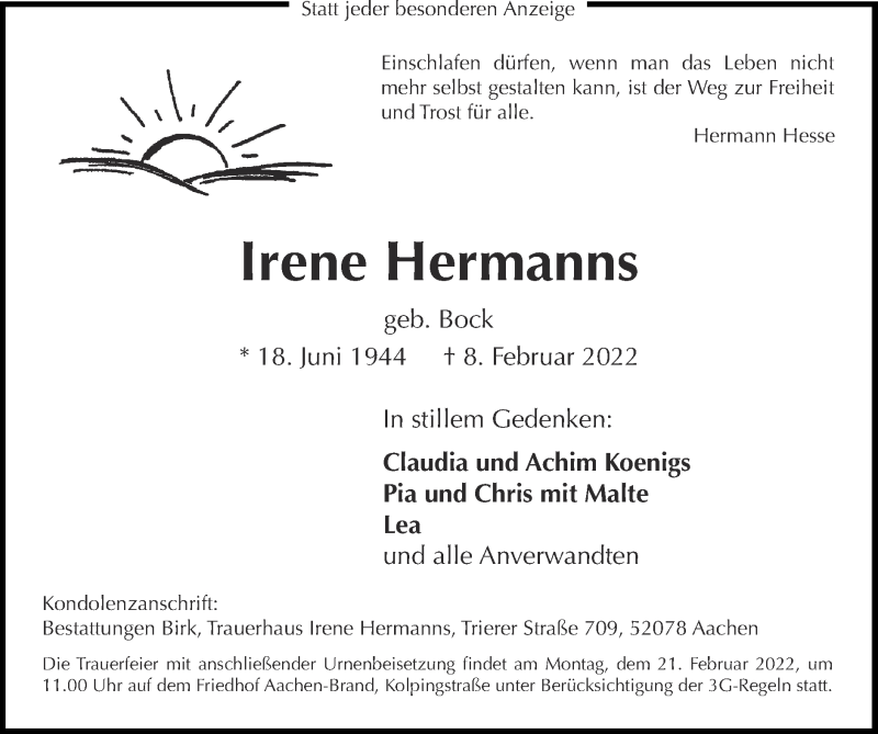  Traueranzeige für Irene Hermanns vom 20.02.2022 aus Zeitung am Sonntag