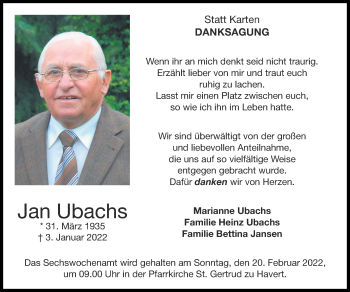 Traueranzeige von Jan Ubachs von Zeitung am Sonntag