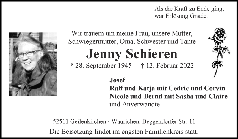  Traueranzeige für Jenny Schieren vom 20.02.2022 aus Zeitung am Sonntag