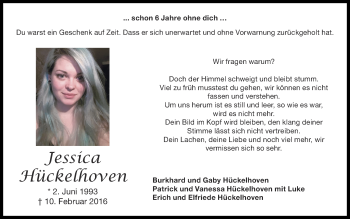 Traueranzeige von Jessica Hückelhoven von Zeitung am Sonntag