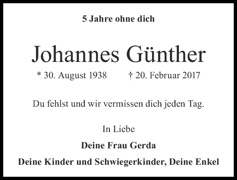  Traueranzeige für Johannes Günther vom 20.02.2022 aus Zeitung am Sonntag
