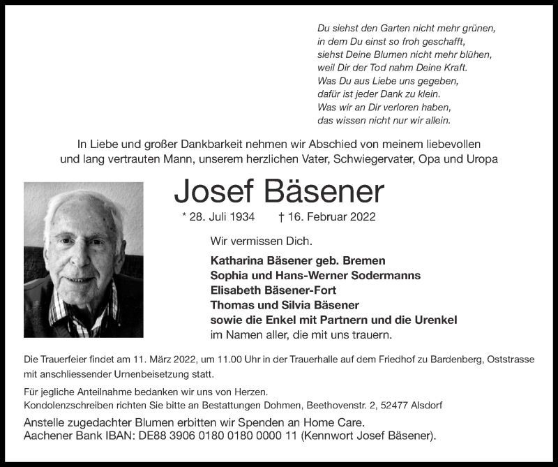  Traueranzeige für Josef Bäsener vom 27.02.2022 aus Zeitung am Sonntag