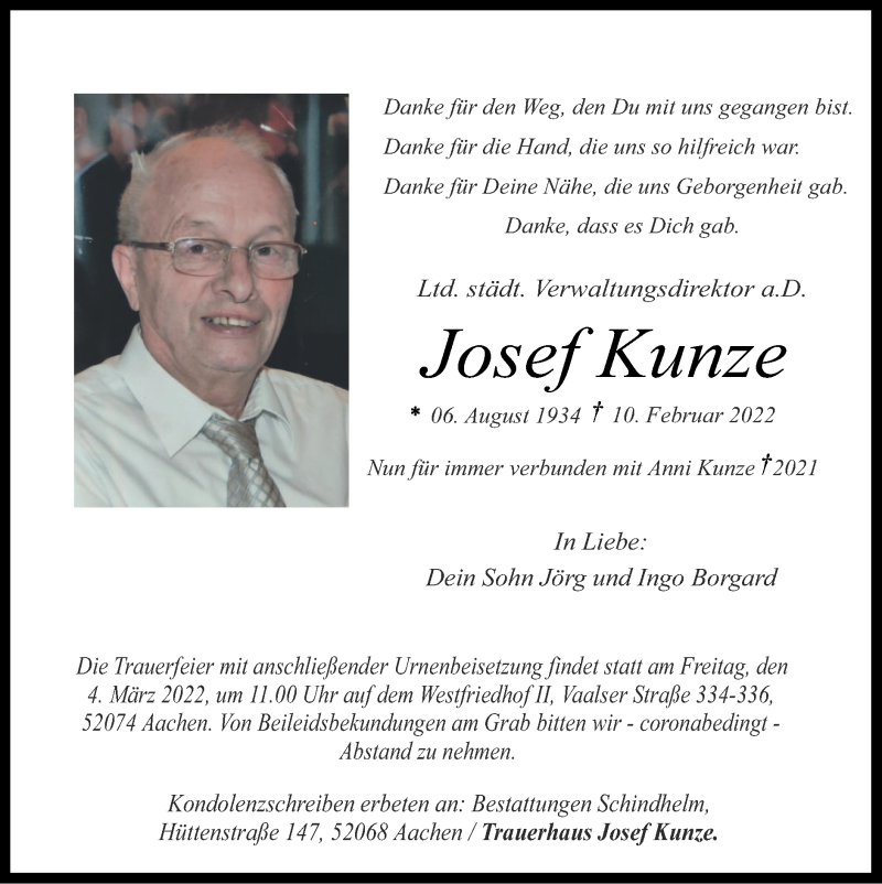  Traueranzeige für Josef Kunze vom 20.02.2022 aus Zeitung am Sonntag