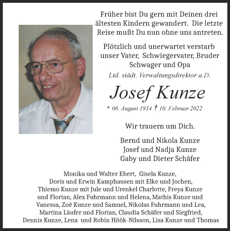  Traueranzeige für Josef Kunze vom 27.02.2022 aus Zeitung am Sonntag