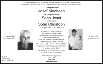 Traueranzeige von Josef Mevissen von Zeitung am Sonntag