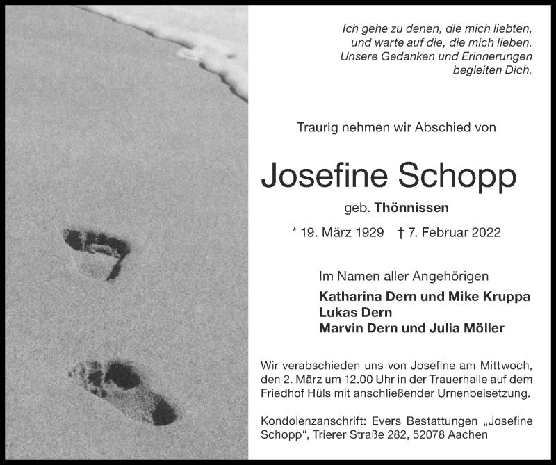  Traueranzeige für Josefine Schopp vom 20.02.2022 aus Zeitung am Sonntag