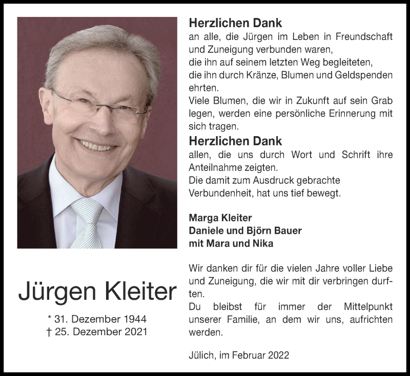  Traueranzeige für Jürgen Kleiter vom 20.02.2022 aus Zeitung am Sonntag