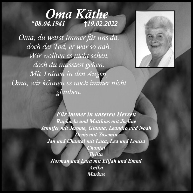  Traueranzeige für Käthe  vom 27.02.2022 aus Zeitung am Sonntag