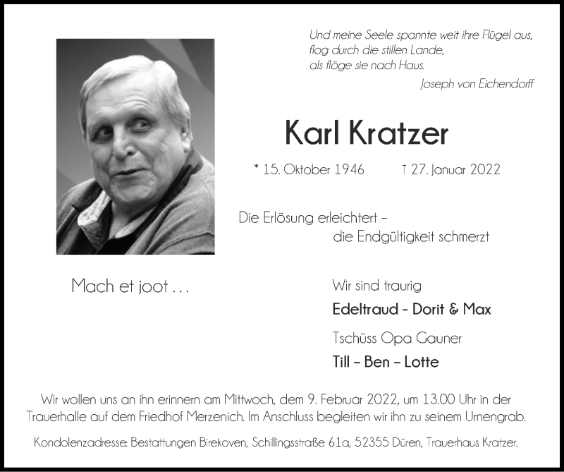  Traueranzeige für Karl Kratzer vom 06.02.2022 aus Zeitung am Sonntag