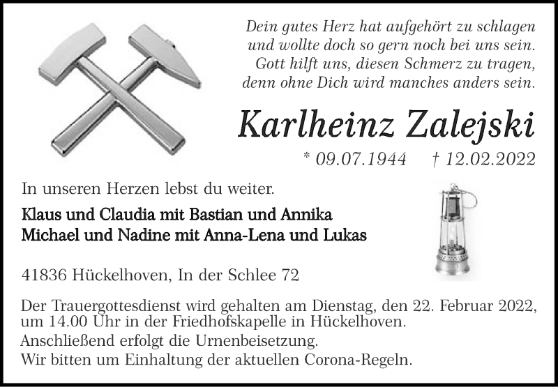  Traueranzeige für Karlheinz Zalejski vom 20.02.2022 aus Zeitung am Sonntag