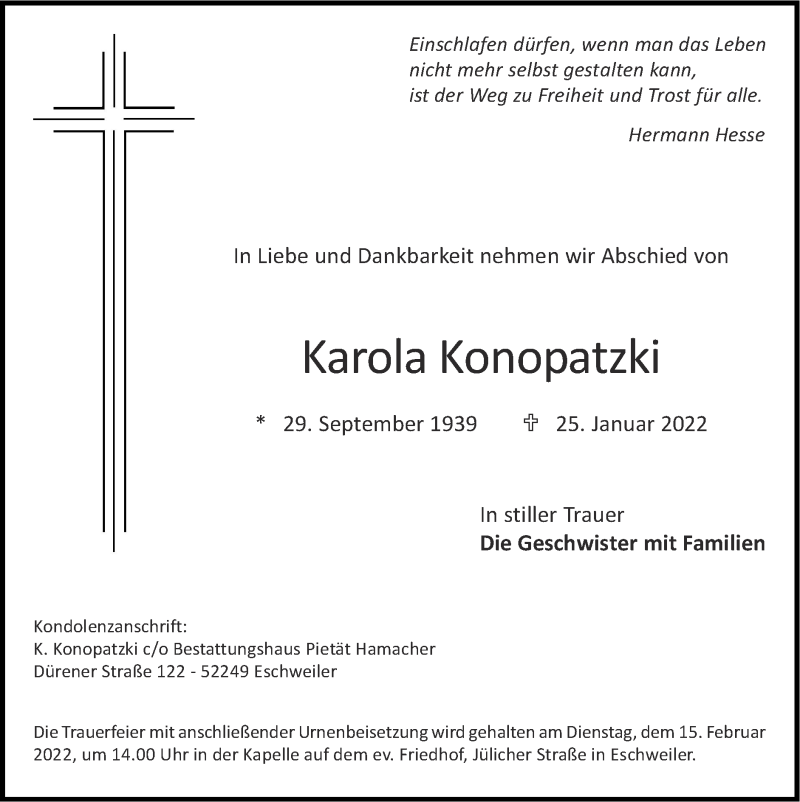  Traueranzeige für Karola Konopatzki vom 06.02.2022 aus Zeitung am Sonntag