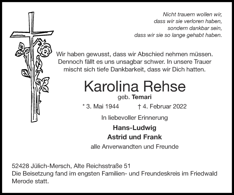  Traueranzeige für Karolina Rehse vom 27.02.2022 aus Zeitung am Sonntag