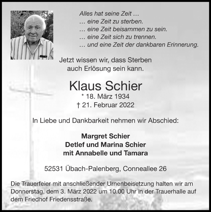  Traueranzeige für Klaus Schier vom 27.02.2022 aus Zeitung am Sonntag