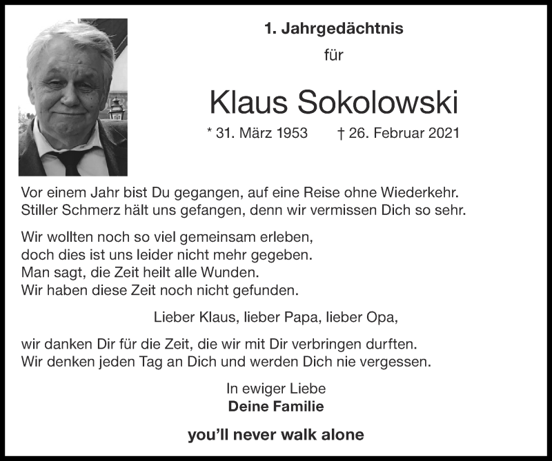  Traueranzeige für Klaus Sokolowski vom 27.02.2022 aus Zeitung am Sonntag