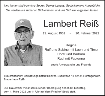 Traueranzeige von Lambert Reiß von Zeitung am Sonntag