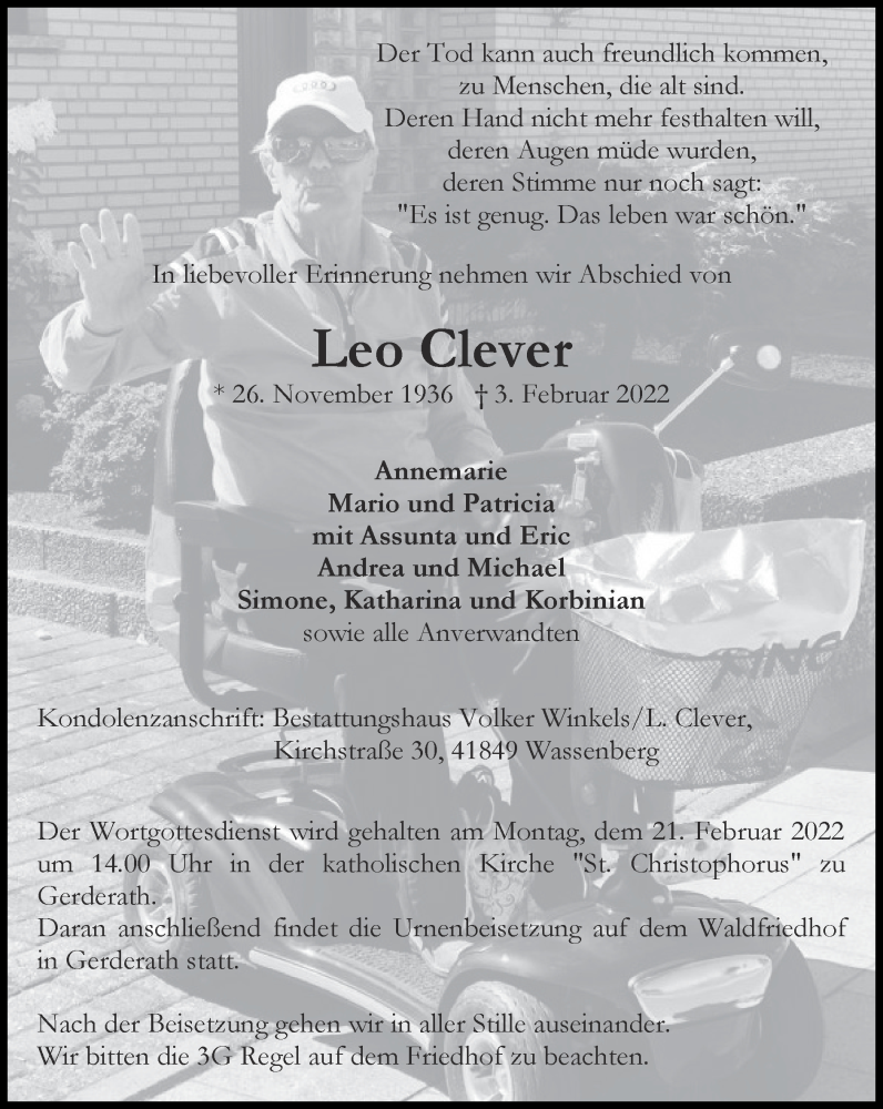  Traueranzeige für Leo Clever vom 13.02.2022 aus Zeitung am Sonntag