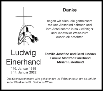 Traueranzeige von Ludwig Einerhand von Zeitung am Sonntag