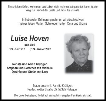 Traueranzeige von Luise Hoven von Zeitung am Sonntag
