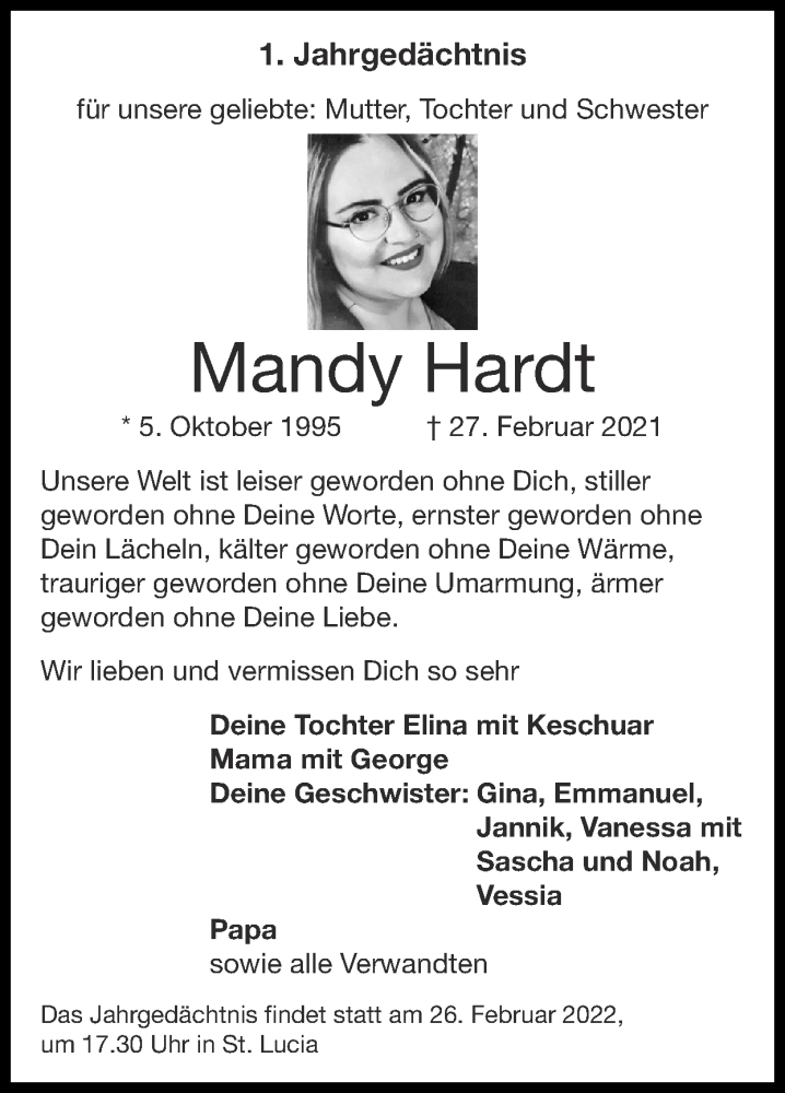  Traueranzeige für Mandy Hardt vom 20.02.2022 aus Zeitung am Sonntag