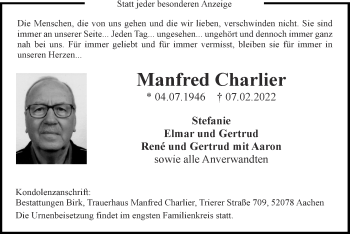 Traueranzeige von Manfred Charlier von Zeitung am Sonntag