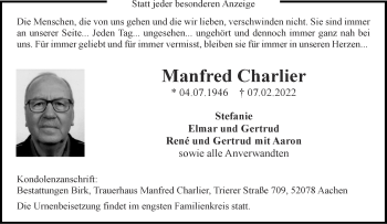 Traueranzeige von Manfred Charlier von Aachener Zeitung / Aachener Nachrichten