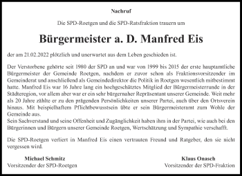 Traueranzeige von Manfred Eis von Aachener Zeitung / Aachener Nachrichten