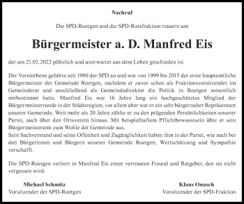 Traueranzeige von Manfred Eis von Zeitung am Sonntag
