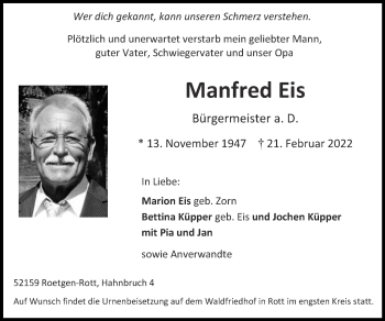 Traueranzeige von Manfred Eis von Zeitung am Sonntag
