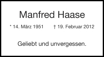 Traueranzeige von Manfred Haase von Aachener Zeitung / Aachener Nachrichten