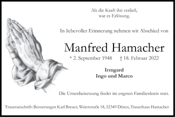 Traueranzeige von Manfred Hamacher von Zeitung am Sonntag