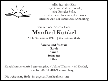 Traueranzeige von Manfred Kunkel von Zeitung am Sonntag