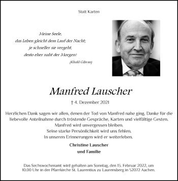 Traueranzeige von Manfred Lauscher von Aachener Zeitung / Aachener Nachrichten