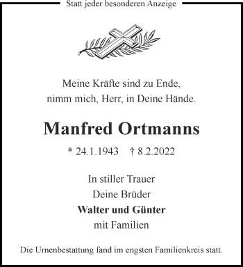 Traueranzeige von Manfred Ortmanns von Aachener Zeitung / Aachener Nachrichten