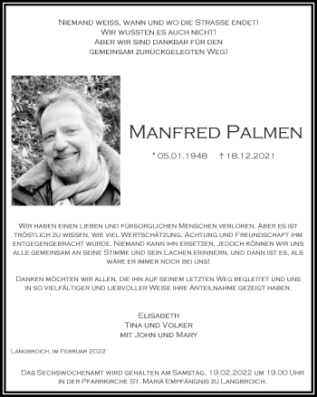 Traueranzeige von Manfred Palmen von Zeitung am Sonntag