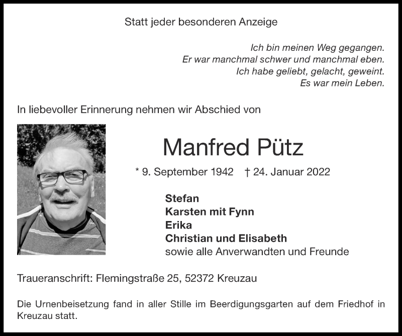  Traueranzeige für Manfred Pütz vom 13.02.2022 aus Zeitung am Sonntag