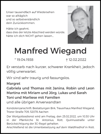 Traueranzeige von Manfred Wiegand von Aachener Zeitung / Aachener Nachrichten