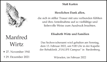 Traueranzeige von Manfred Wirtz von Zeitung am Sonntag