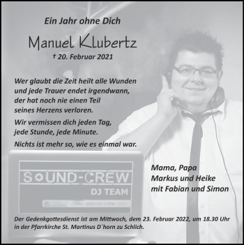 Traueranzeige von Manuel Klubertz von Zeitung am Sonntag