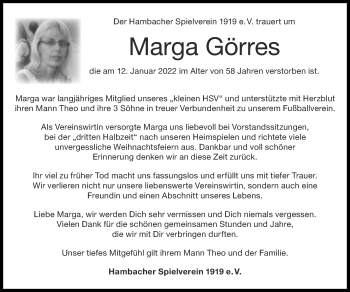 Traueranzeige von Marga Görres von Zeitung am Sonntag