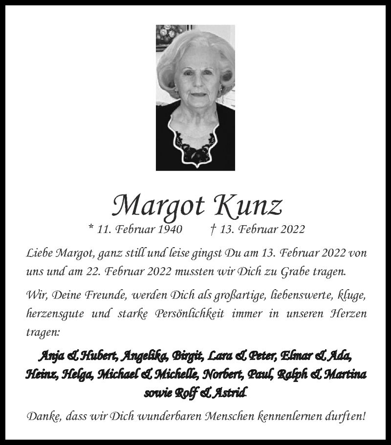  Traueranzeige für Margot Kunz vom 27.02.2022 aus Zeitung am Sonntag