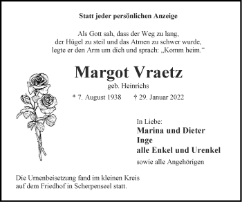 Traueranzeige von Margot Vraetz von Zeitung am Sonntag