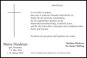 Traueranzeige von Maria Diederen von Zeitung am Sonntag